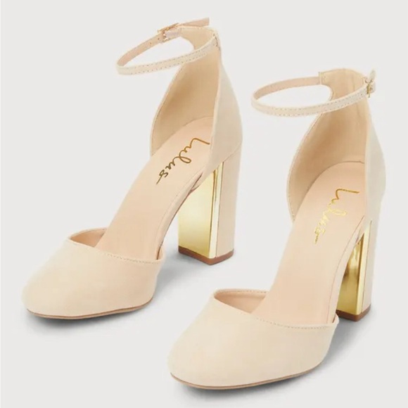 New in box! Lulus Laura Light Nude Suede Ankle Strap Heels size 5.5 with gold - Picture 5 of 11